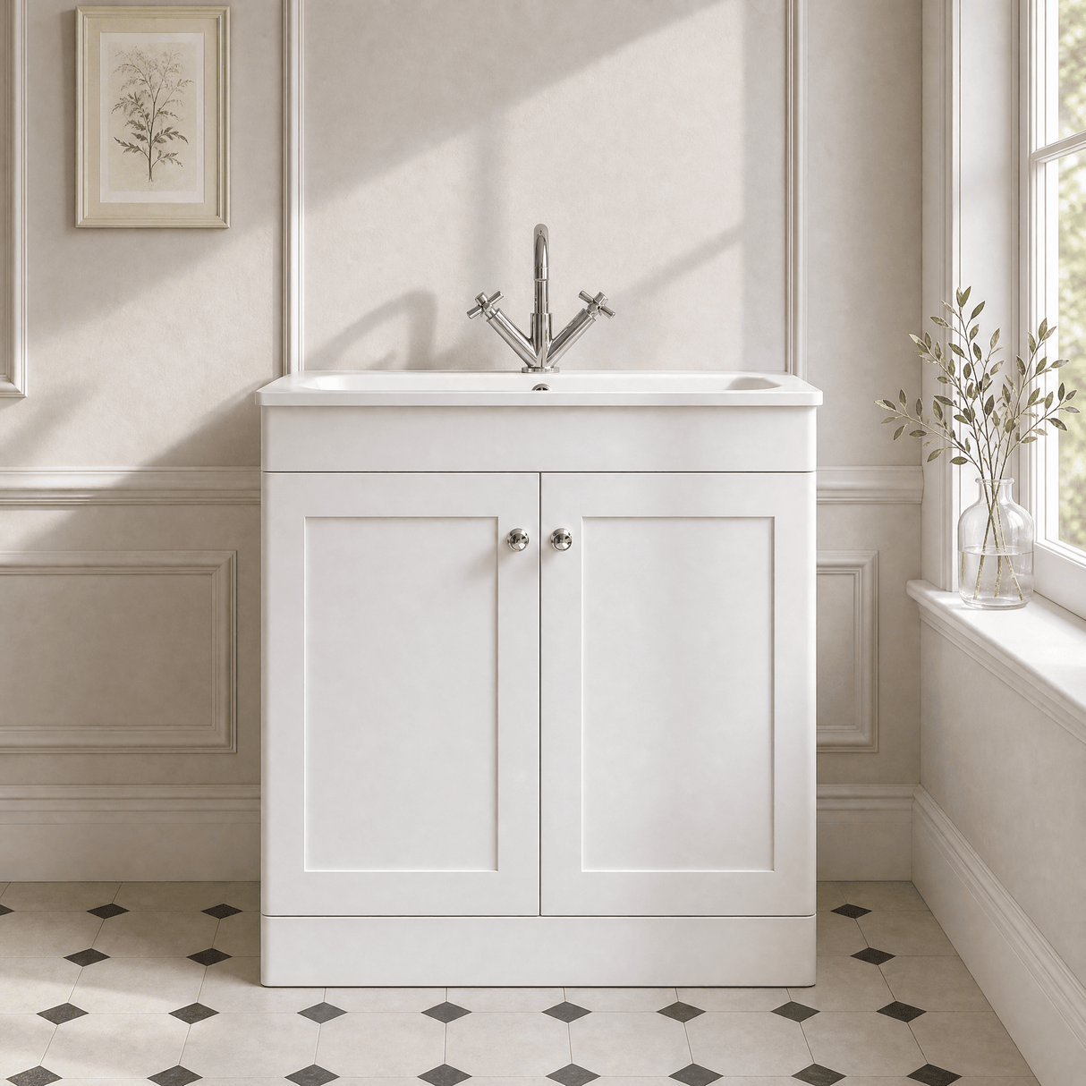 [BFCL126P] Swynnerton Traditional 2 Door Floor Standing Vanity Basin Unit with 1 Tap Hole Stone Basin, Choice of Size and Colour - Silo