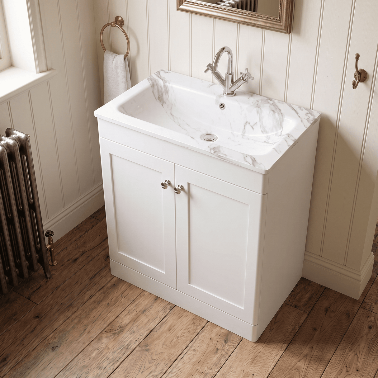 [BFCL126Q] Swynnerton Traditional 2 Door Floor Standing Vanity Basin Unit with 1 Tap Hole Marble Effect Stone Basin, Choice of Size and Colour