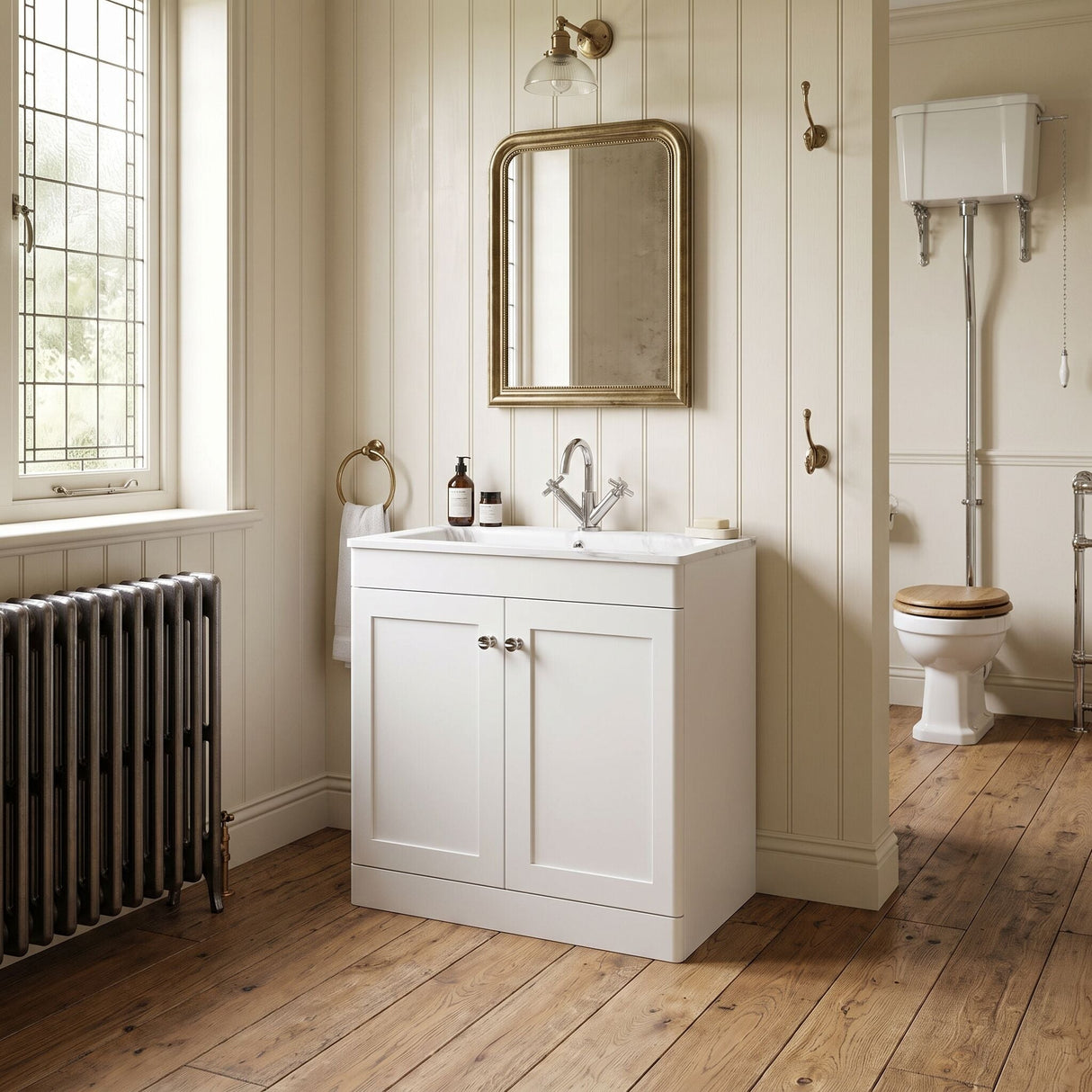 [BFCL126Q] Swynnerton Traditional 2 Door Floor Standing Vanity Basin Unit with 1 Tap Hole Marble Effect Stone Basin, Choice of Size and Colour