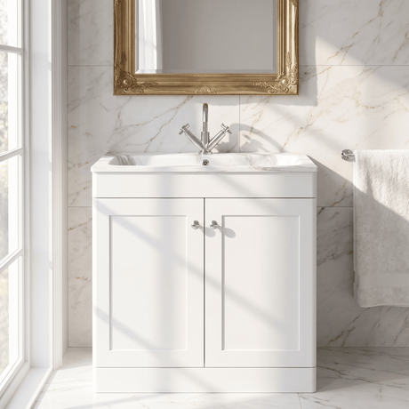[BFCL126Q] Swynnerton Traditional 2 Door Floor Standing Vanity Basin Unit with 1 Tap Hole Marble Effect Stone Basin, Choice of Size and Colour - Silo