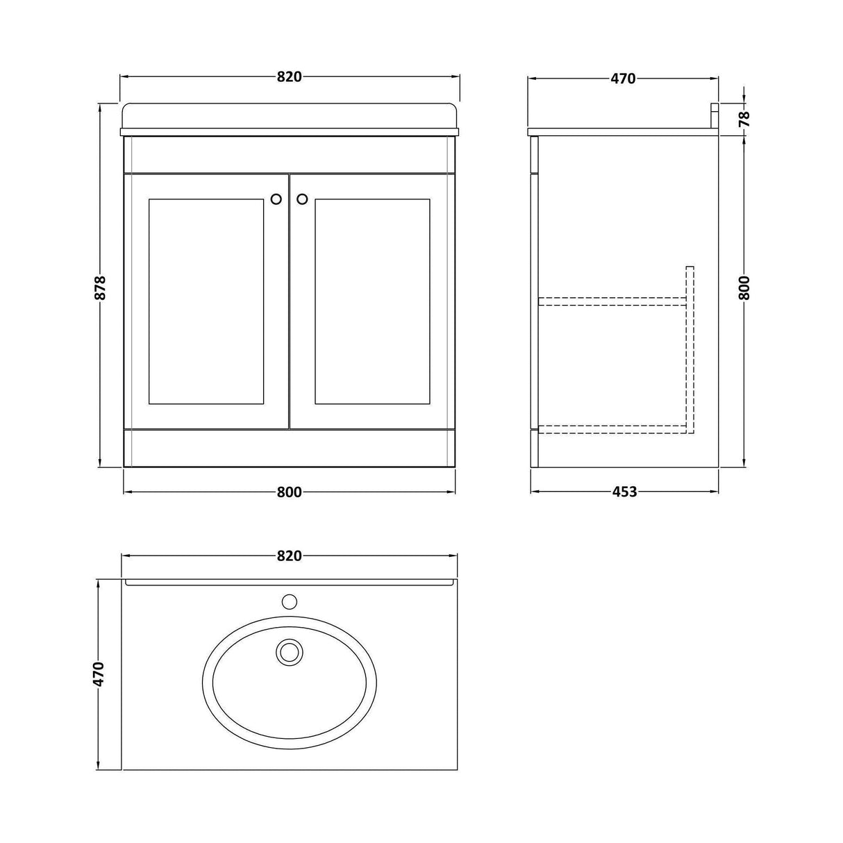 [BFCL126WR1] Swynnerton Traditional 2 Door Floor Standing Vanity Basin Unit with 1 Tap Hole White Marble Worktop and Basin, Choice of Size and Colour - Technical Drawing
