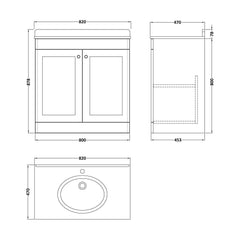 [BFCL126WR1] Swynnerton Traditional 2 Door Floor Standing Vanity Basin Unit with 1 Tap Hole White Marble Worktop and Basin, Choice of Size and Colour - Technical Drawing