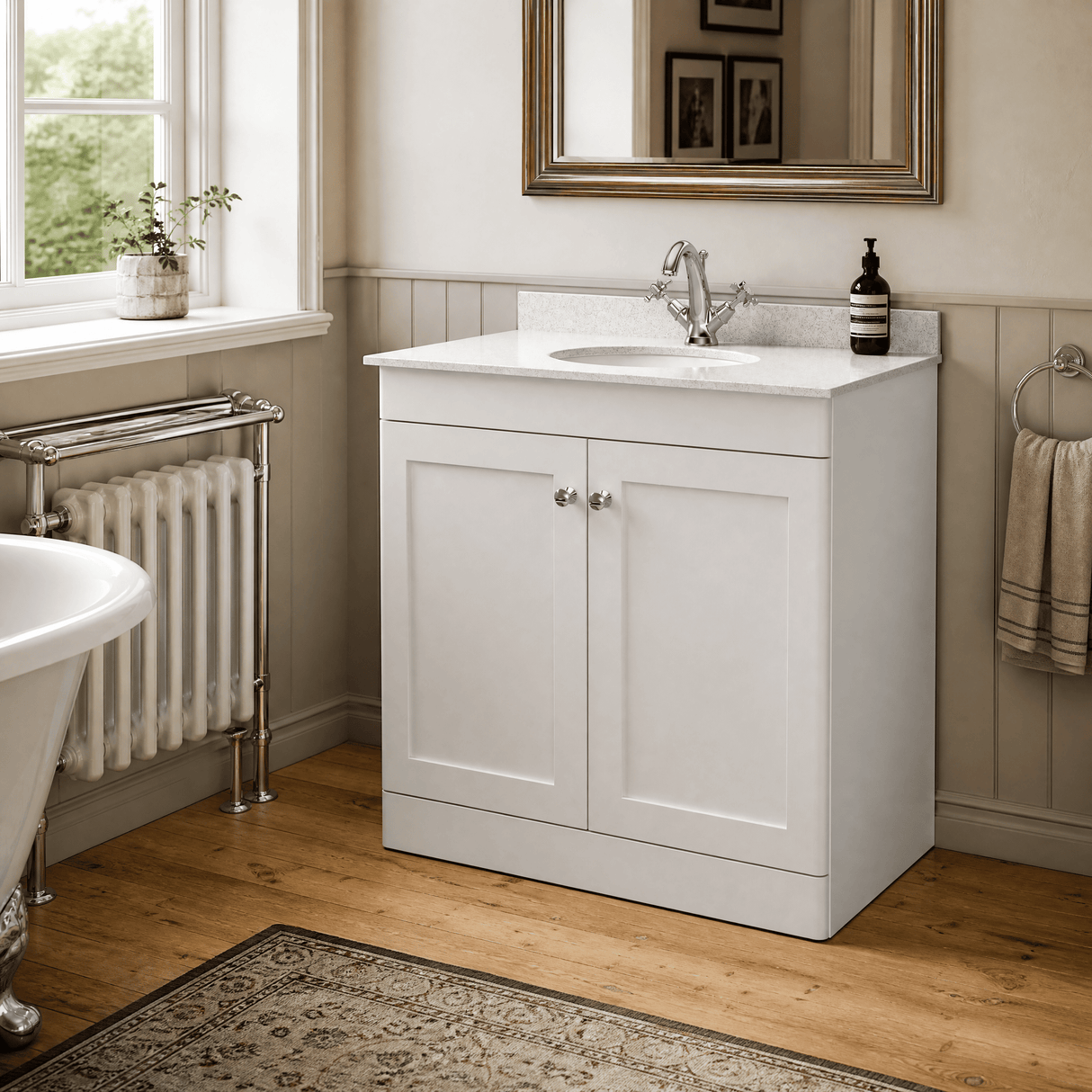 [BFCL126WR1] Swynnerton Traditional 2 Door Floor Standing Vanity Basin Unit with 1 Tap Hole White Marble Worktop and Basin, Choice of Size and Colour