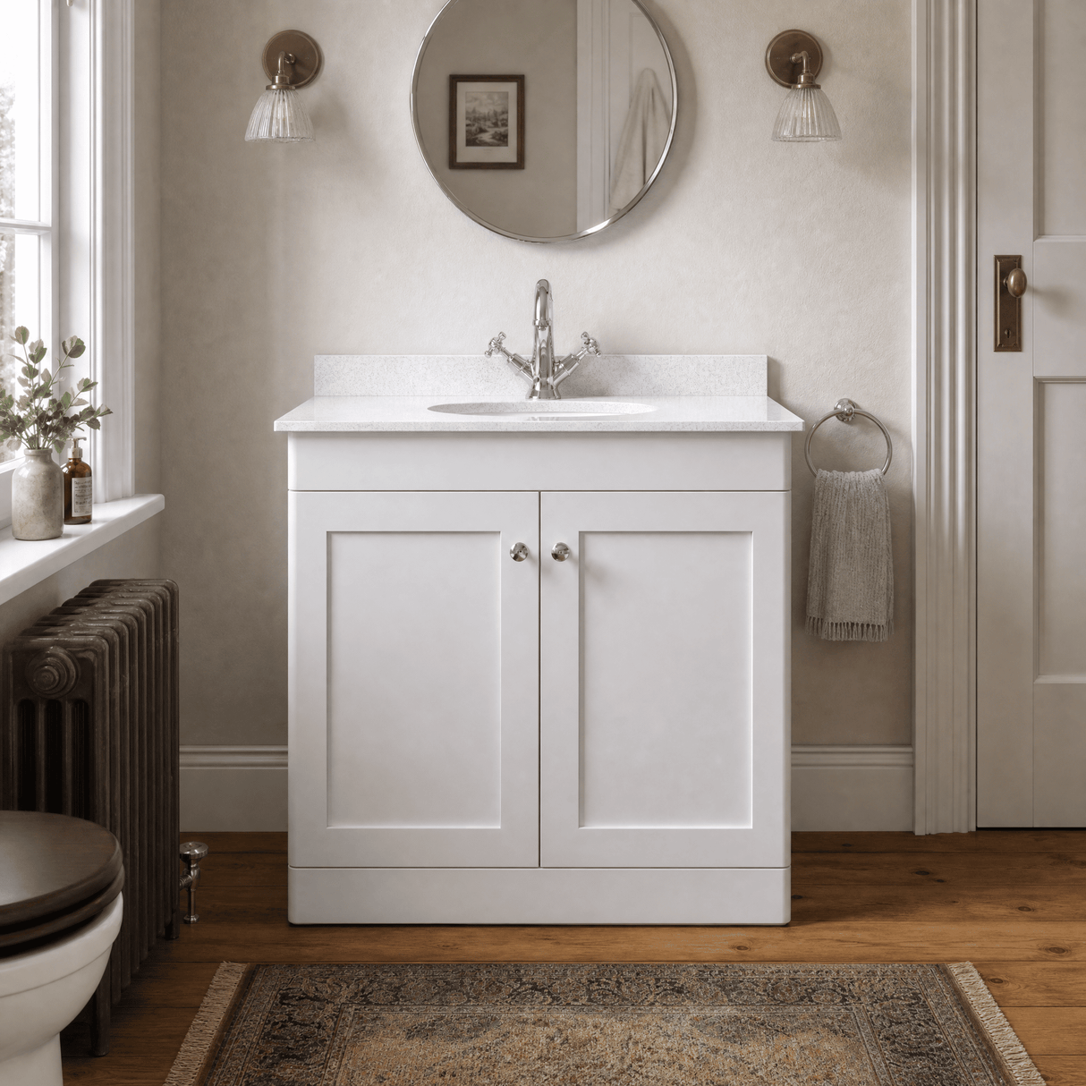 [BFCL126WR1] Swynnerton Traditional 2 Door Floor Standing Vanity Basin Unit with 1 Tap Hole White Marble Worktop and Basin, Choice of Size and Colour - Silo