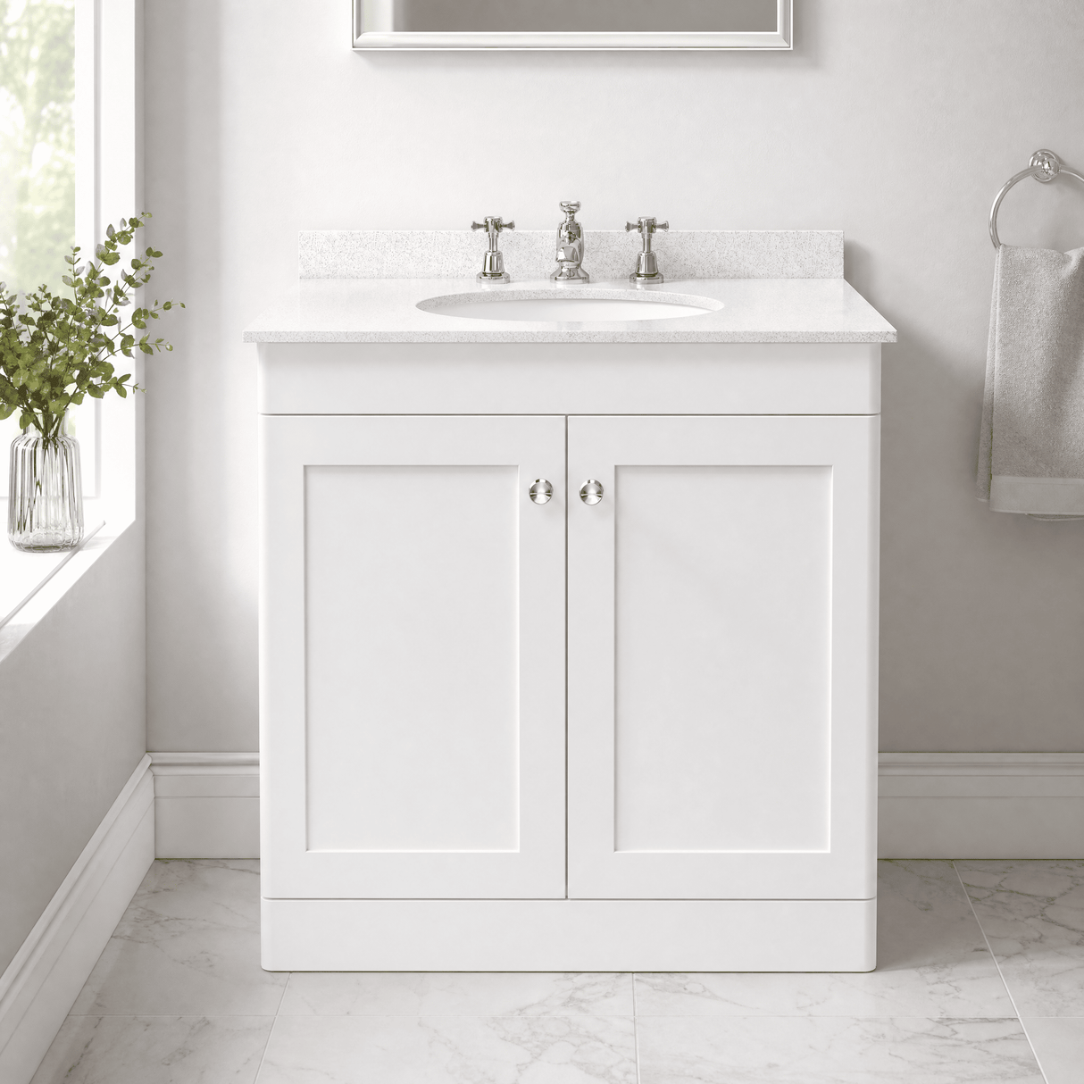 [BFCL126WR3] Swynnerton Traditional 2 Door Floor Standing Vanity Basin Unit with 3 Tap Hole White Marble Worktop and Basin, Choice of Size and Colour
