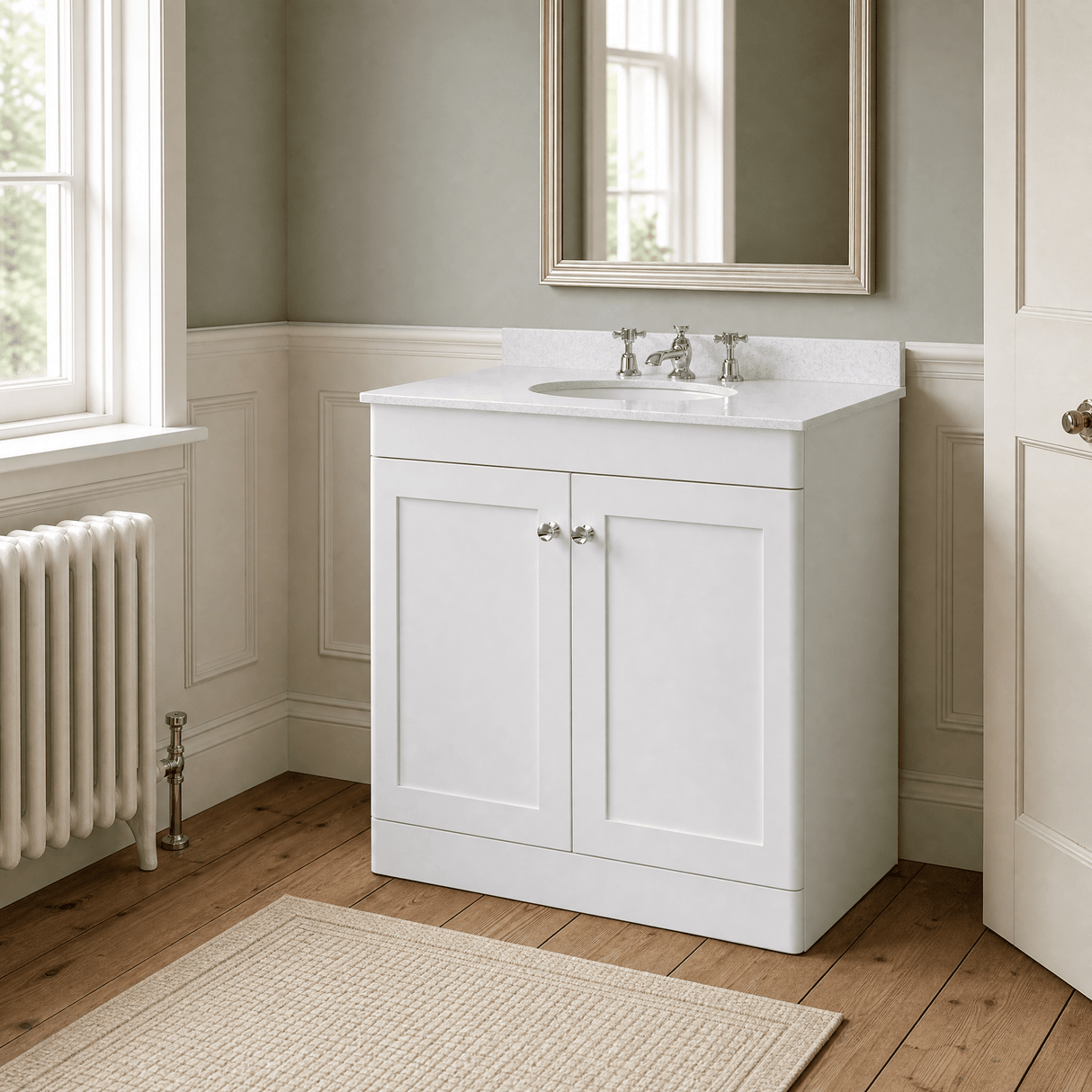 [BFCL126WR3] Swynnerton Traditional 2 Door Floor Standing Vanity Basin Unit with 3 Tap Hole White Marble Worktop and Basin, Choice of Size and Colour