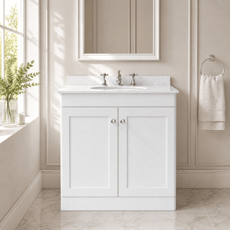 [BFCL126WR3] Swynnerton Traditional 2 Door Floor Standing Vanity Basin Unit with 3 Tap Hole White Marble Worktop and Basin, Choice of Size and Colour - Silo