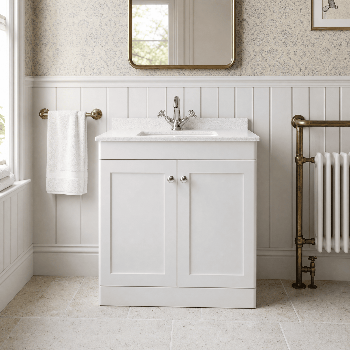 [BFCL126WS1] Swynnerton Traditional 2 Door Floor Standing Vanity Basin Unit with 1 Tap Hole White Marble Worktop and Square Basin, Choice of Size and Colour