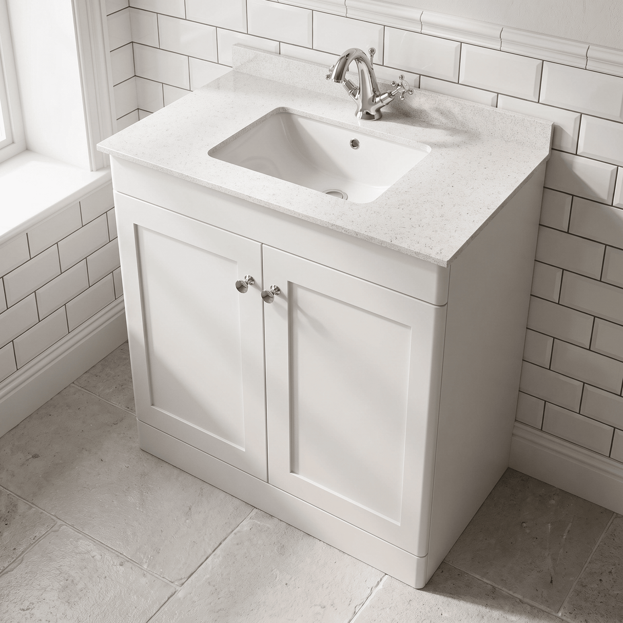 [BFCL126WS1] Swynnerton Traditional 2 Door Floor Standing Vanity Basin Unit with 1 Tap Hole White Marble Worktop and Square Basin, Choice of Size and Colour