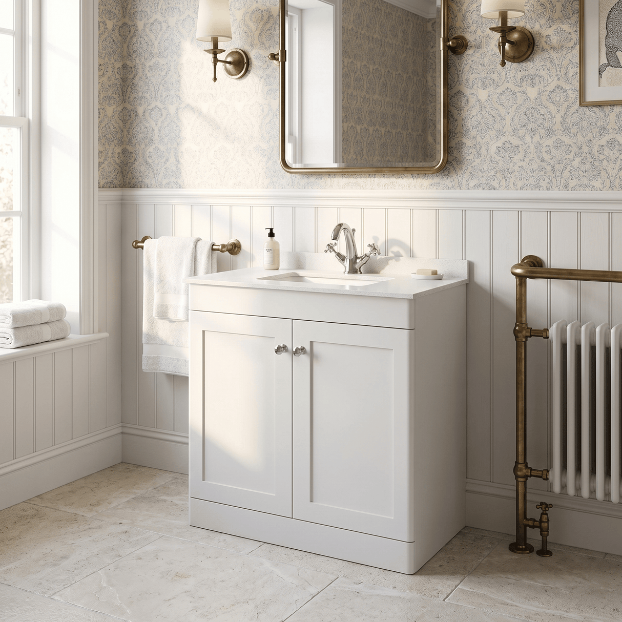 [BFCL126WS1] Swynnerton Traditional 2 Door Floor Standing Vanity Basin Unit with 1 Tap Hole White Marble Worktop and Square Basin, Choice of Size and Colour