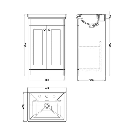 [BFCL1423B] Swynnerton Traditional 2 Door Floor Standing Vanity Unit with Basin, Dark Grey, 500mm - Technical Drawing
