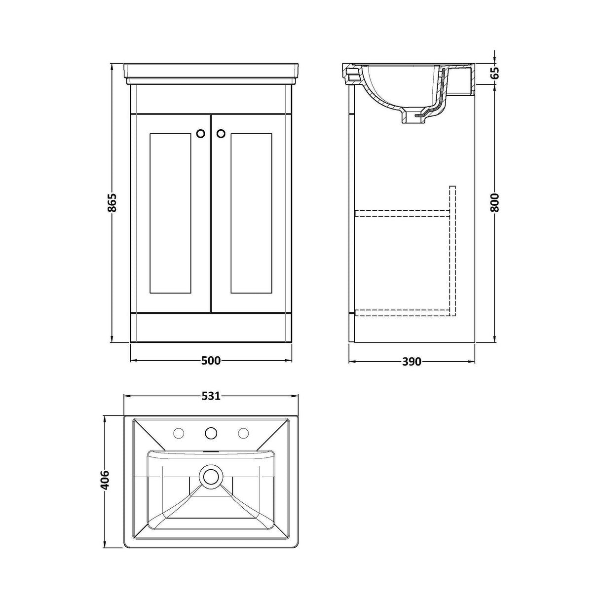 [BFCL1423B] Swynnerton Traditional 2 Door Floor Standing Vanity Basin Unit with 3 Tap Hole Traditional Fireclay Basin, Choice of Size and Colour - Technical Drawing