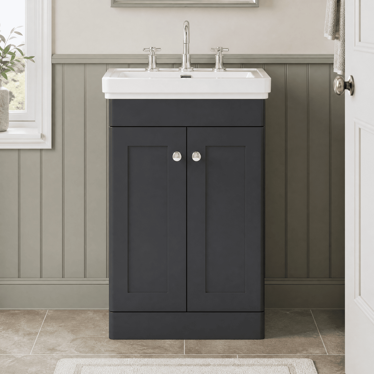 [BFCL1423B] Swynnerton Traditional 2 Door Floor Standing Vanity Basin Unit with 3 Tap Hole Traditional Fireclay Basin, Choice of Size and Colour