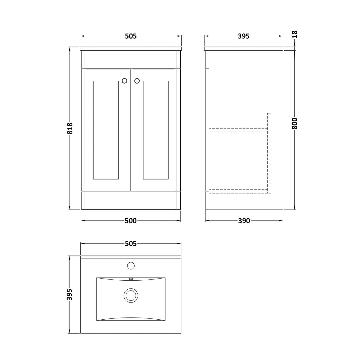[BFCL1423C] Swynnerton Traditional 2 Door Floor Standing Vanity Basin Unit with 1 Tap Hole Minimalist Ceramic Basin, Choice of Size and Colour - Technical Drawing