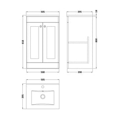 [BFCL1423C] Swynnerton Traditional 2 Door Floor Standing Vanity Basin Unit with 1 Tap Hole Minimalist Ceramic Basin, Choice of Size and Colour - Technical Drawing