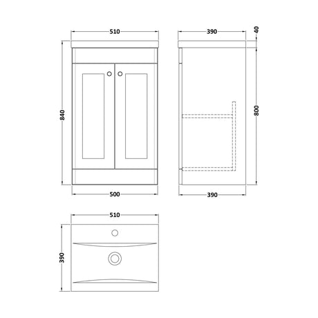 [BFCL1423D] Swynnerton Traditional 2 Door Floor Standing Vanity Unit with Mid-Edge Basin, Dark Grey, 500mm - Technical Drawing