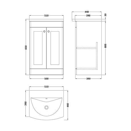 [BFCL1423J] Swynnerton Traditional 2 Door Floor Standing Vanity Unit with Basin, Dark Grey, 500mm - Technical Drawing