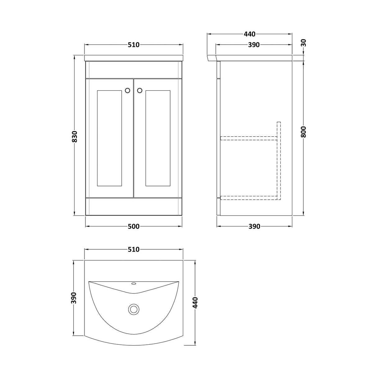 [BFCL1423J] Swynnerton Traditional 2 Door Floor Standing Vanity Unit with Curved Basin, 500mm, Choice of Colour - Technical Drawing