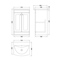 [BFCL1423J] Swynnerton Traditional 2 Door Floor Standing Vanity Unit with Curved Basin, 500mm, Choice of Colour - Technical Drawing