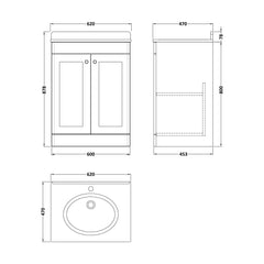 [BFCL1425BR1] Swynnerton Traditional 2 Door Floor Standing Vanity Unit with Black Marble Worktop and 1 Tap Hole Basin, Choice of Size and Colour - Technical Drawing