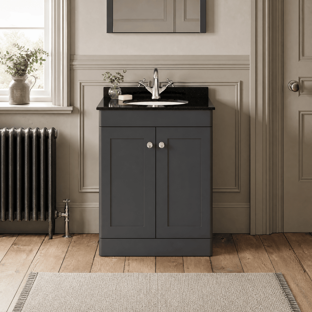 [BFCL1425BR1] Swynnerton Traditional 2 Door Floor Standing Vanity Unit with Black Marble Worktop and 1 Tap Hole Basin, Choice of Size and Colour