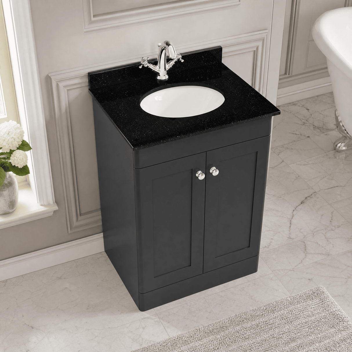 [BFCL1425BR1] Swynnerton Traditional 2 Door Floor Standing Vanity Unit with Black Marble Worktop and 1 Tap Hole Basin, Choice of Size and Colour
