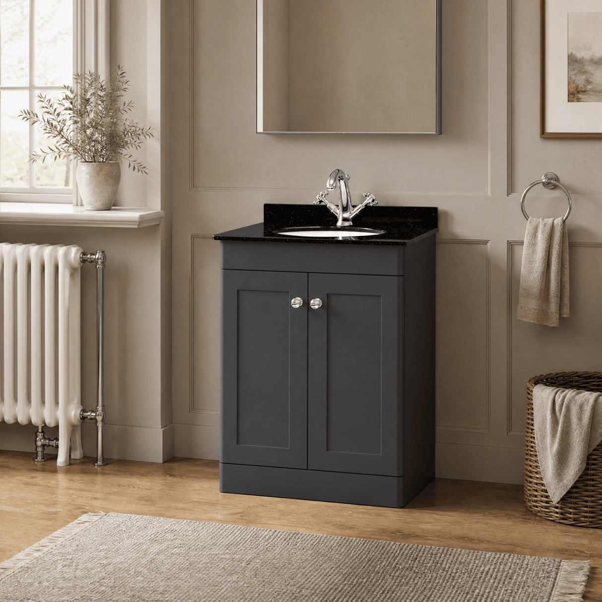 [BFCL1425BR1] Swynnerton Traditional 2 Door Floor Standing Vanity Unit with Black Marble Worktop and 1 Tap Hole Basin, Choice of Size and Colour