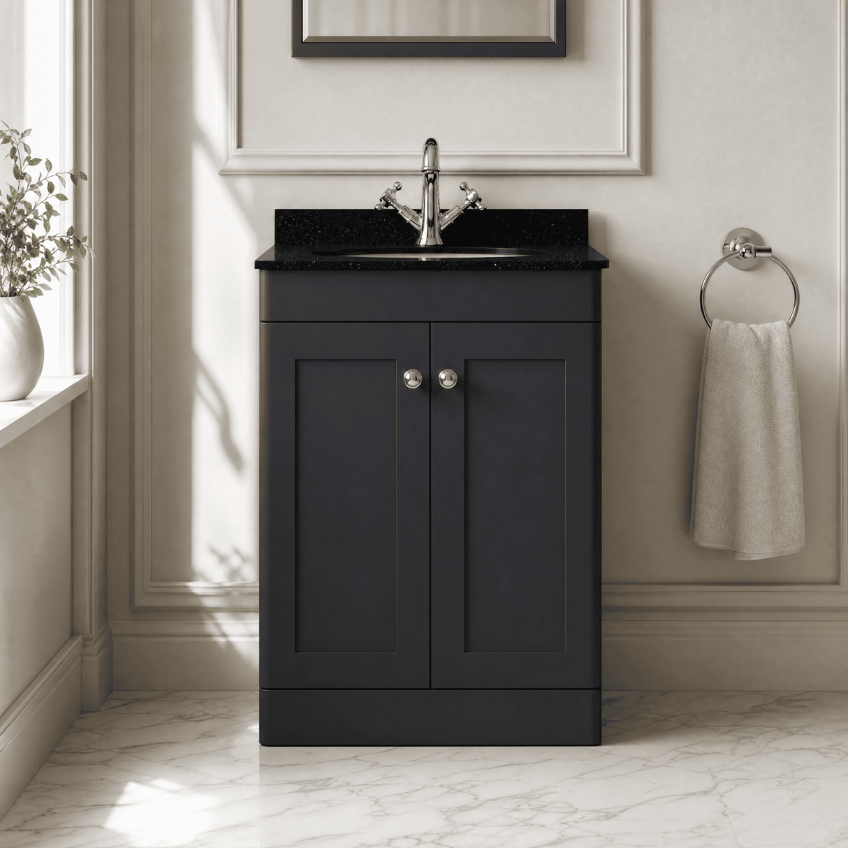[BFCL1425BR1] Swynnerton Traditional 2 Door Floor Standing Vanity Unit with Black Marble Worktop and 1 Tap Hole Basin, Choice of Size and Colour - Silo