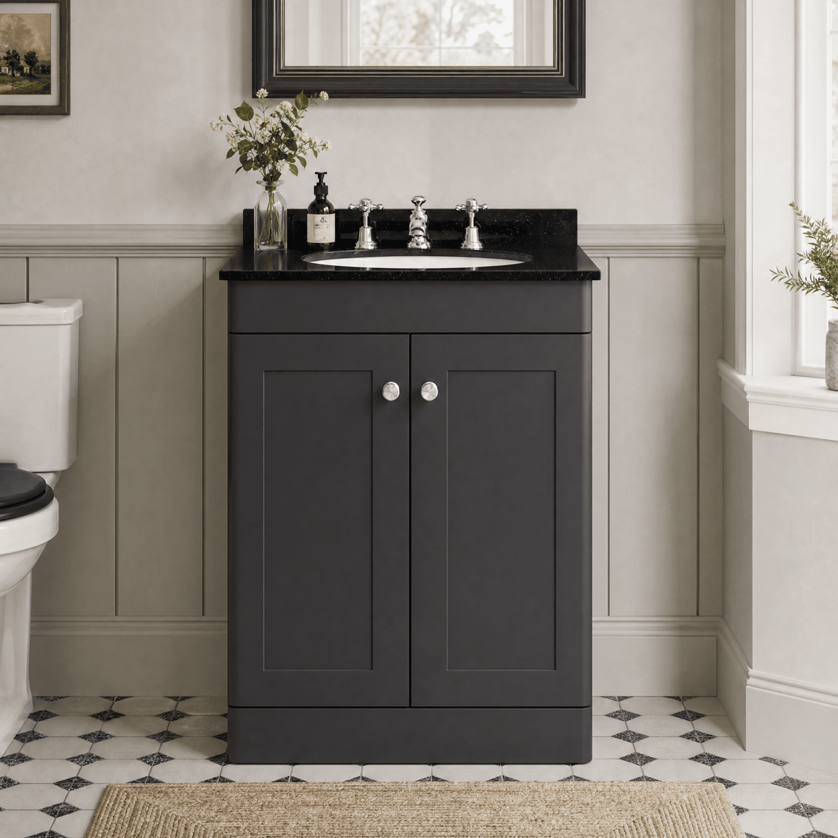 [BFCL1425BR3] Swynnerton Traditional 2 Door Floor Standing Vanity Unit with Black Marble Worktop and 3 Tap Hole Basin, Choice of Size and Colour