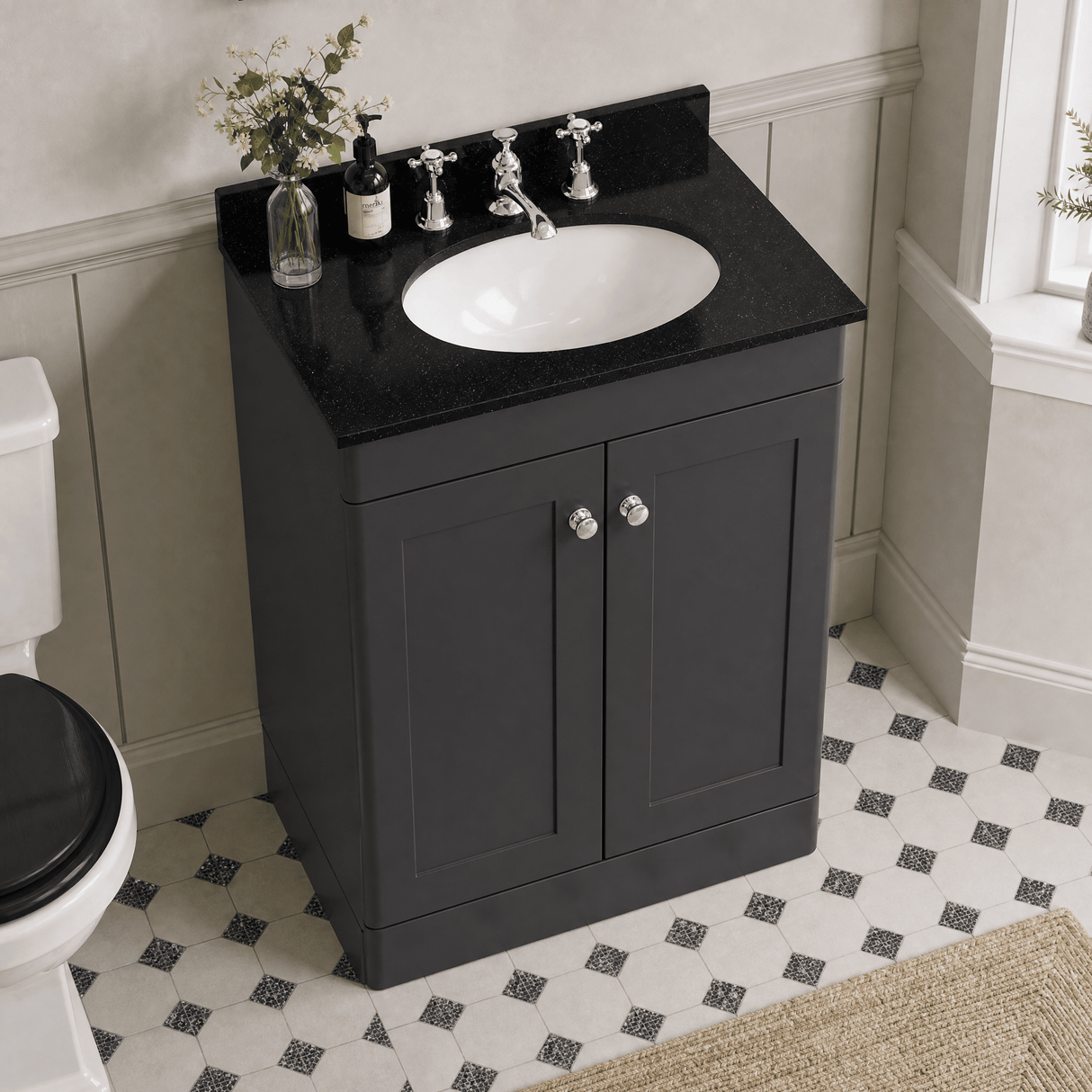 [BFCL1425BR3] Swynnerton Traditional 2 Door Floor Standing Vanity Unit with Black Marble Worktop and 3 Tap Hole Basin, Choice of Size and Colour