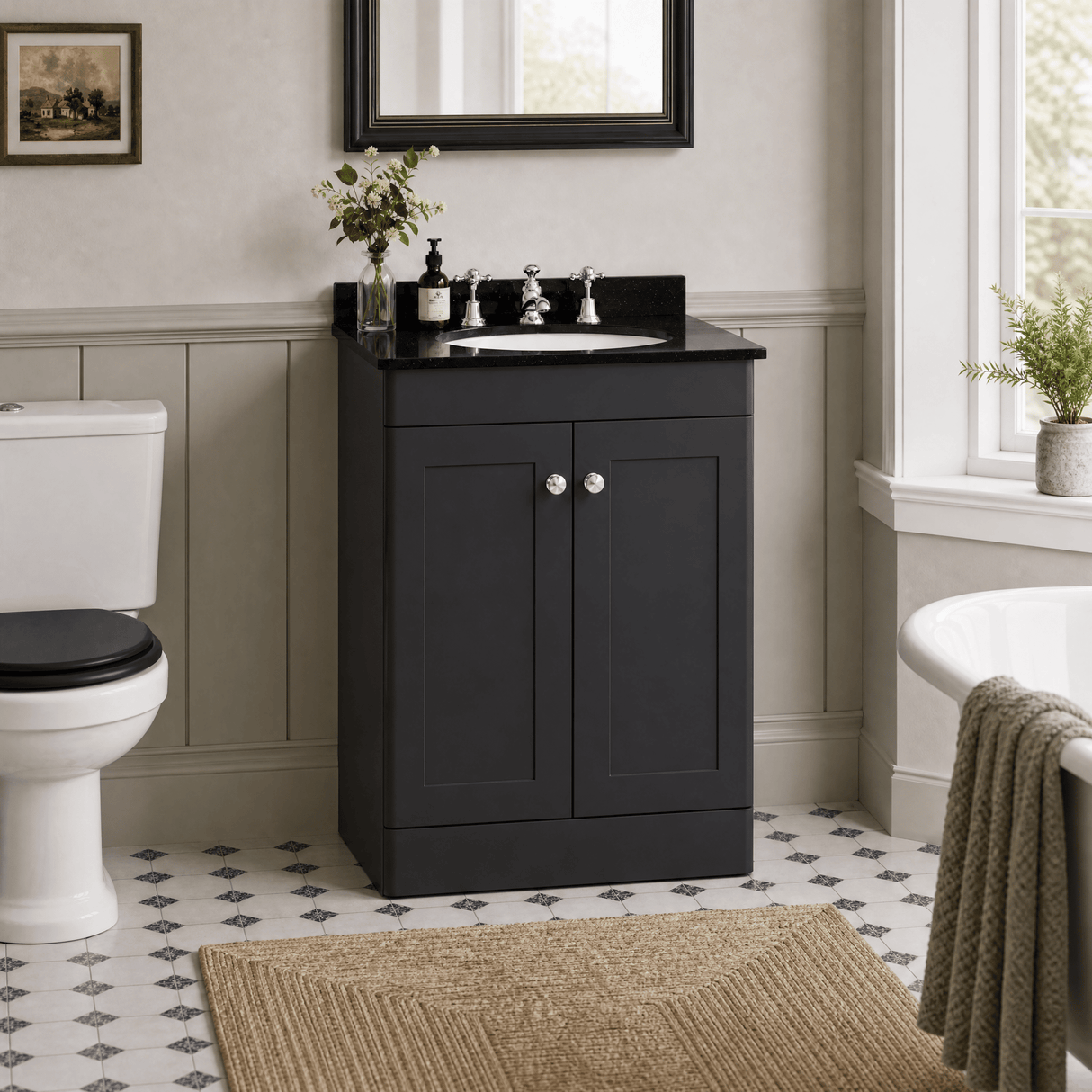 [BFCL1425BR3] Swynnerton Traditional 2 Door Floor Standing Vanity Unit with Black Marble Worktop and 3 Tap Hole Basin, Choice of Size and Colour