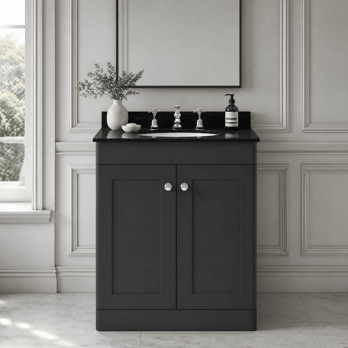 [BFCL1425BR3] Swynnerton Traditional 2 Door Floor Standing Vanity Unit with Black Marble Worktop and 3 Tap Hole Basin, Choice of Size and Colour - Silo