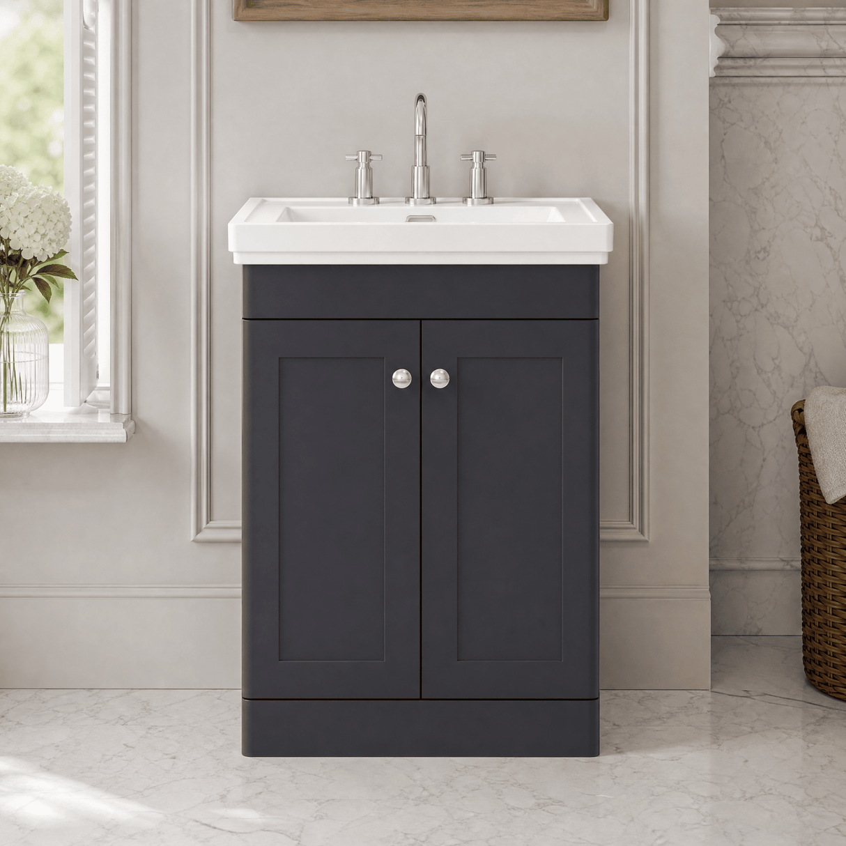 [BFCL1425B] Swynnerton Traditional 2 Door Floor Standing Vanity Basin Unit with 3 Tap Hole Traditional Fireclay Basin, Choice of Size and Colour