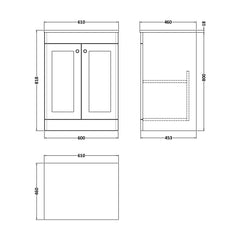 [BFCL1425CMT] Swynnerton Traditional 2 Door Floor Standing Vanity Unit with Marble Top, Dark Grey, 600mm - Technical Drawing