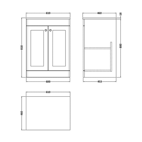 [BFCL1425CMT] Swynnerton Traditional 2 Door Floor Standing Vanity Unit with Marble Top, Dark Grey, 600mm - Technical Drawing