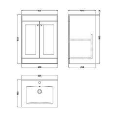 [BFCL1425C] Swynnerton Traditional 2 Door Floor Standing Vanity Basin Unit with 1 Tap Hole Minimalist Ceramic Basin, Choice of Size and Colour - Technical Drawing