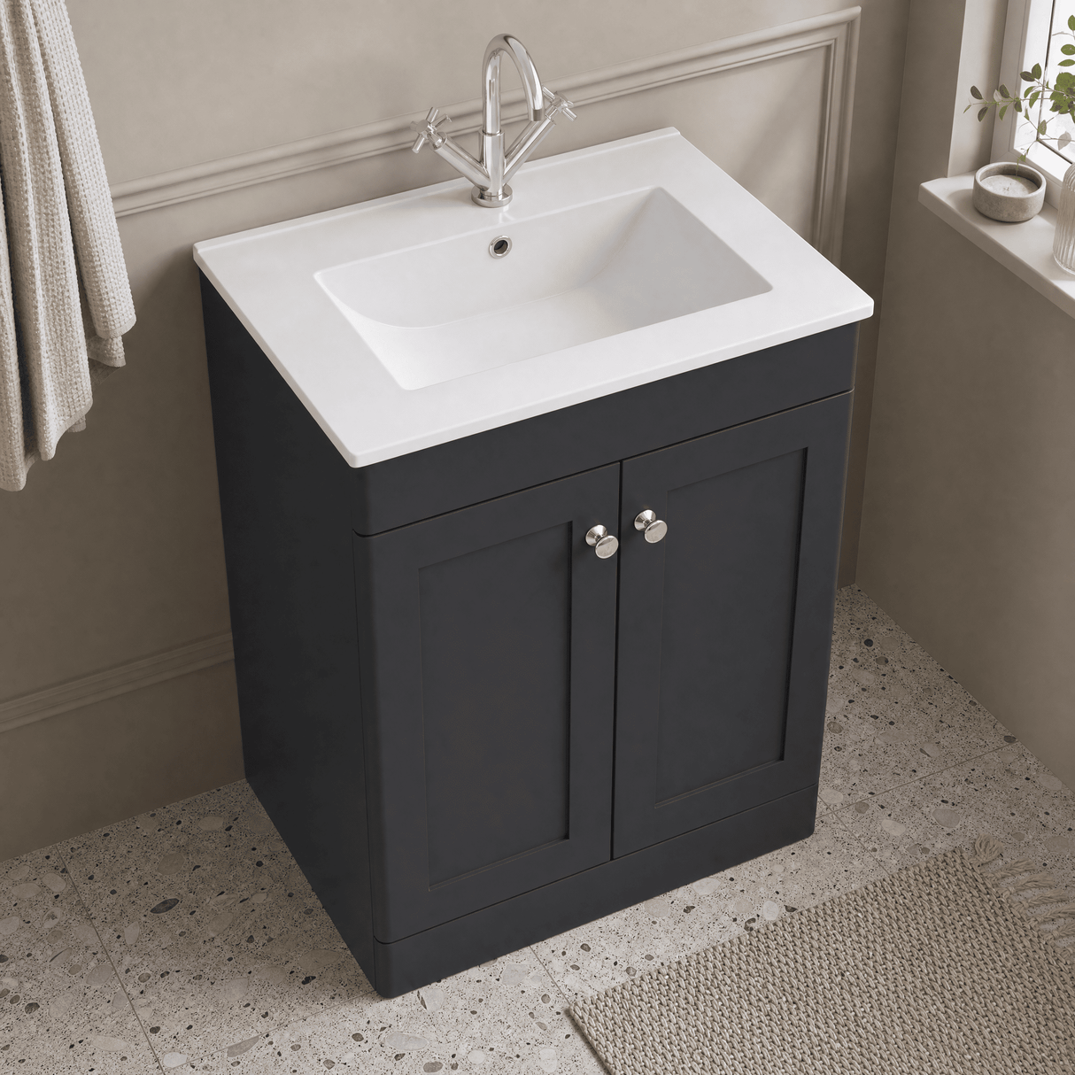 [BFCL1425C] Swynnerton Traditional 2 Door Floor Standing Vanity Basin Unit with 1 Tap Hole Minimalist Ceramic Basin, Choice of Size and Colour