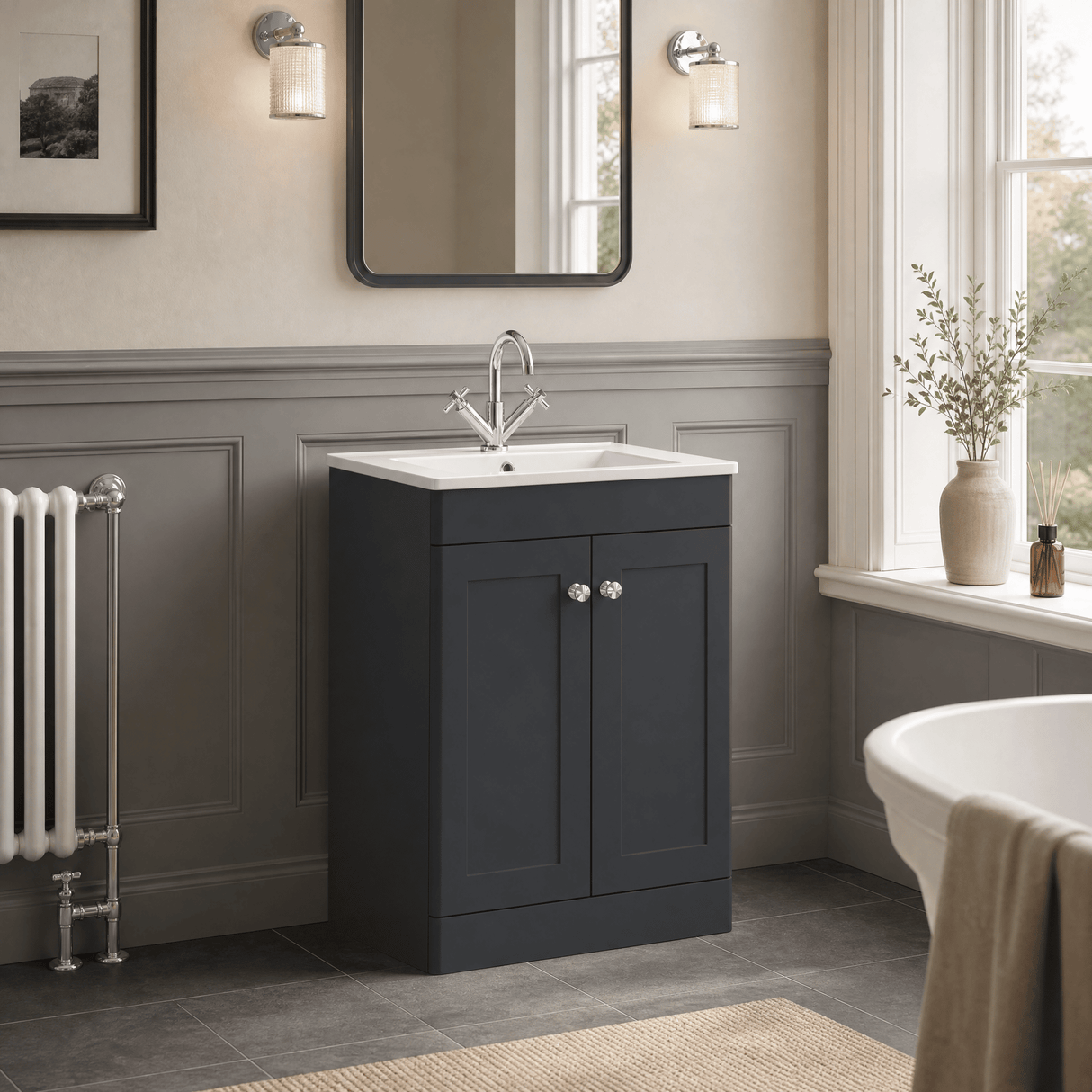 [BFCL1425C] Swynnerton Traditional 2 Door Floor Standing Vanity Basin Unit with 1 Tap Hole Minimalist Ceramic Basin, Choice of Size and Colour