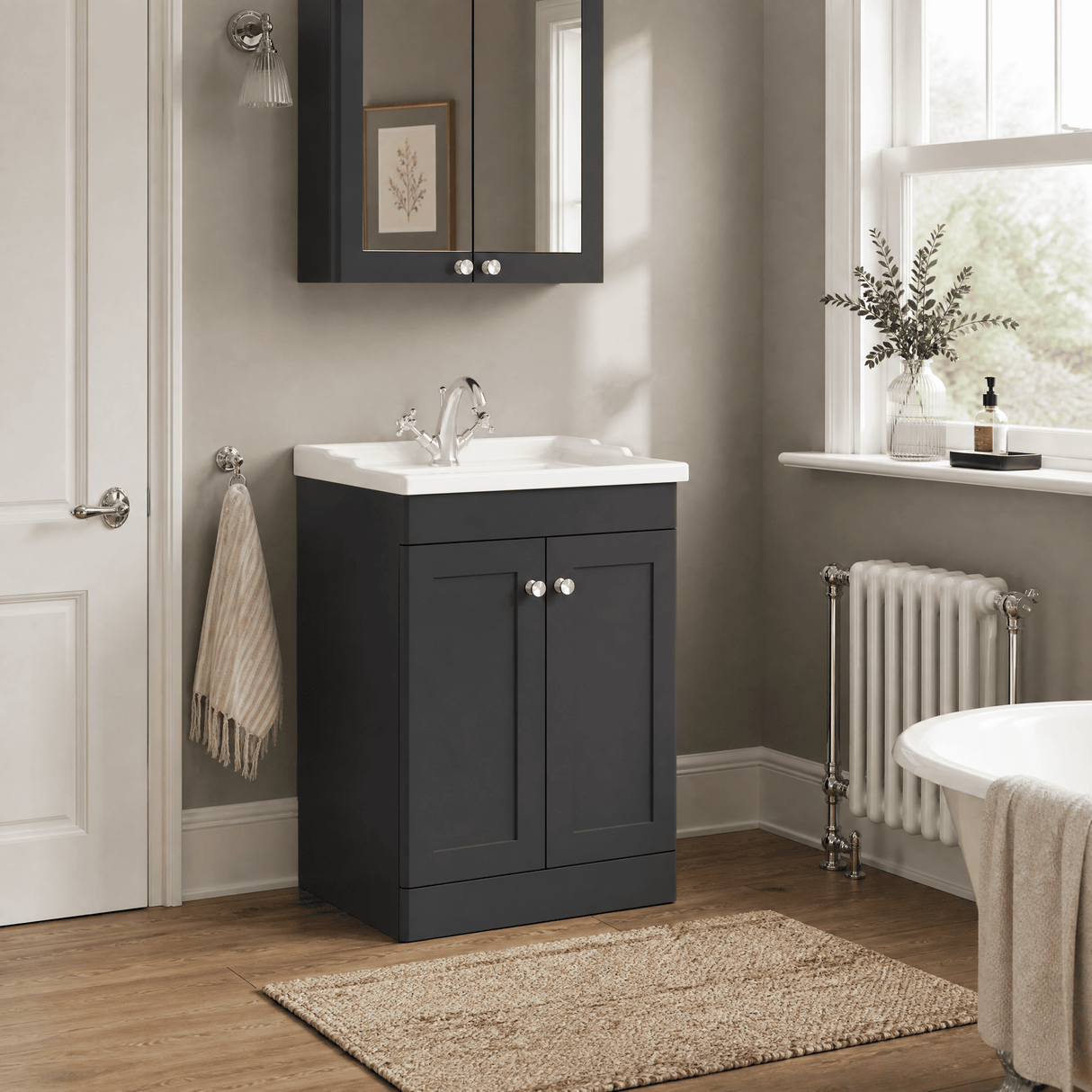 [BFCL1425F] Swynnerton Traditional 2 Door Floor Standing Vanity Basin Unit with 1 Tap Hole Traditional Ceramic Basin, Choice of Size and Colour