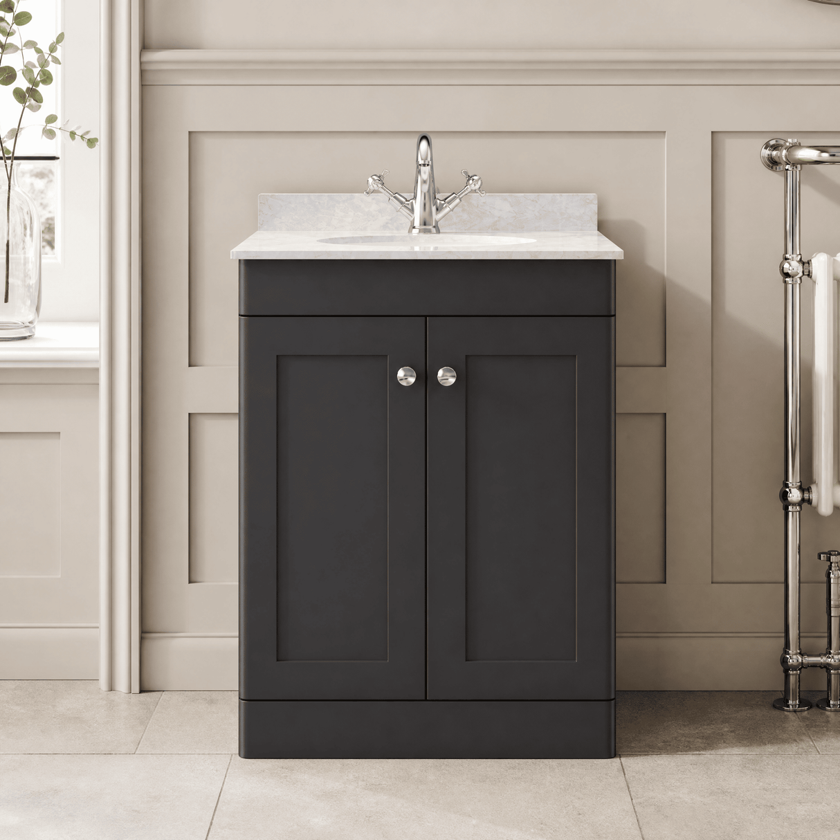 [BFCL1425GR1] Swynnerton Traditional 2 Door Floor Standing Vanity Unit with Grey Marble Worktop and 1 Tap Hole Basin, Choice of Size and Colour