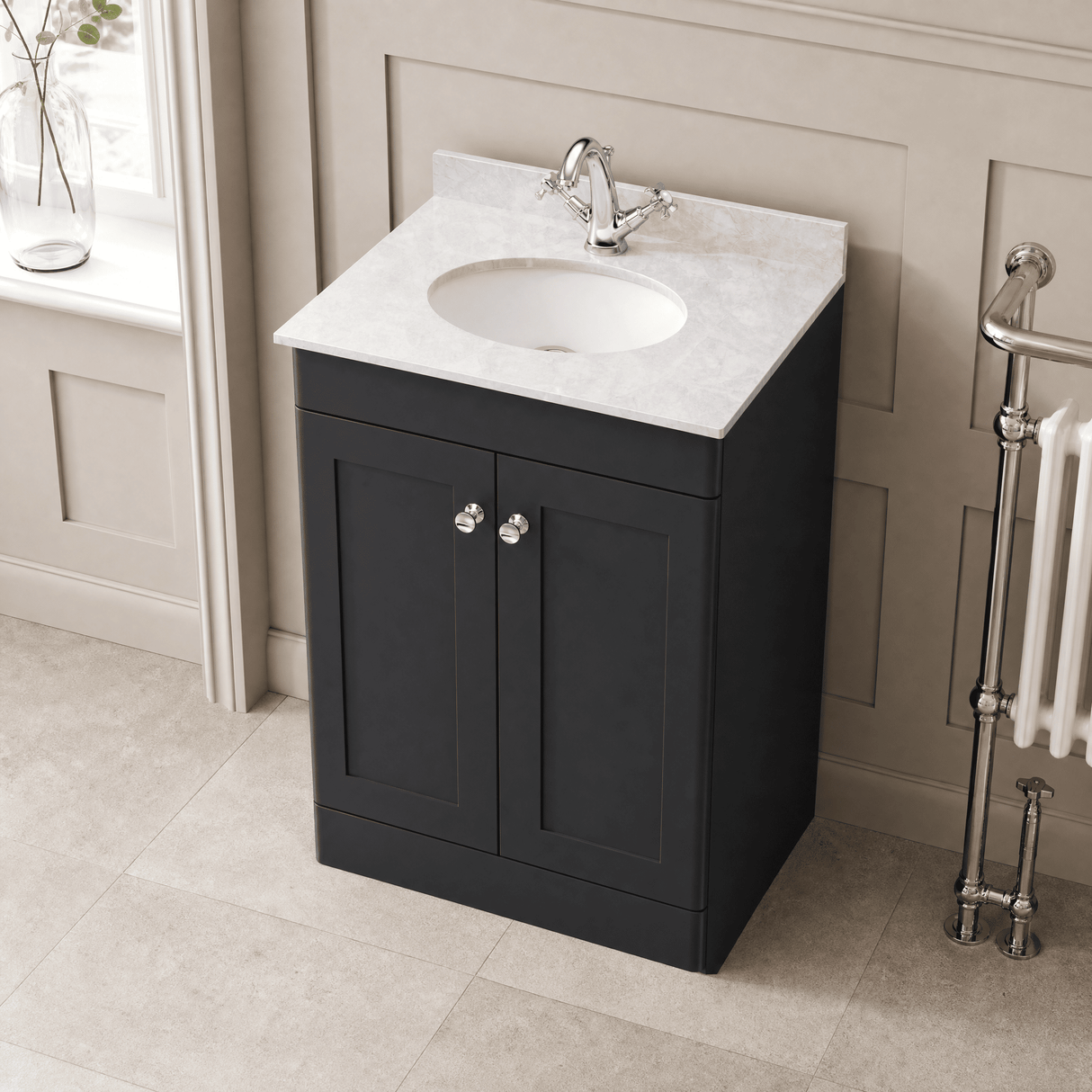 [BFCL1425GR1] Swynnerton Traditional 2 Door Floor Standing Vanity Unit with Grey Marble Worktop and 1 Tap Hole Basin, Choice of Size and Colour