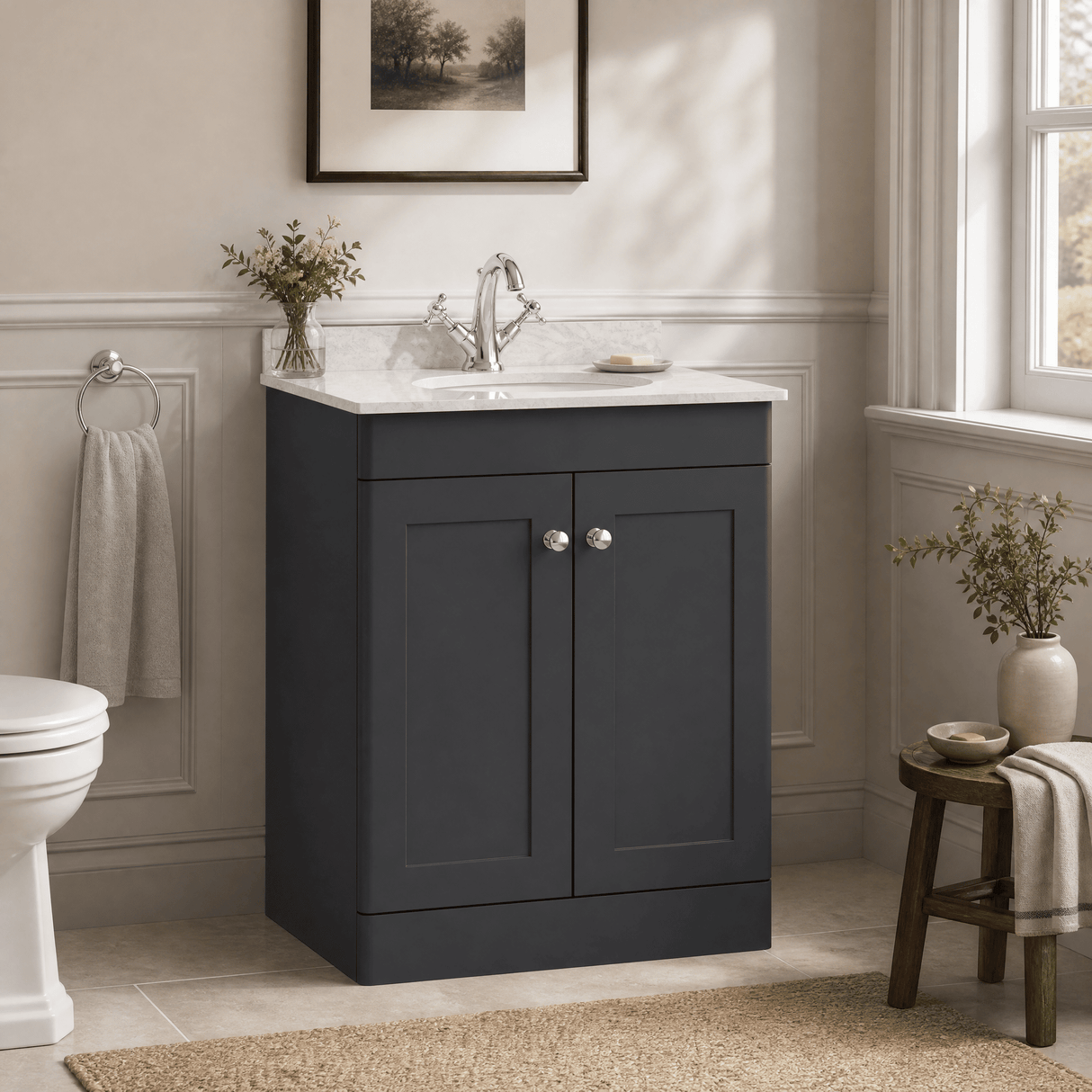 [BFCL1425GR1] Swynnerton Traditional 2 Door Floor Standing Vanity Unit with Grey Marble Worktop and 1 Tap Hole Basin, Choice of Size and Colour