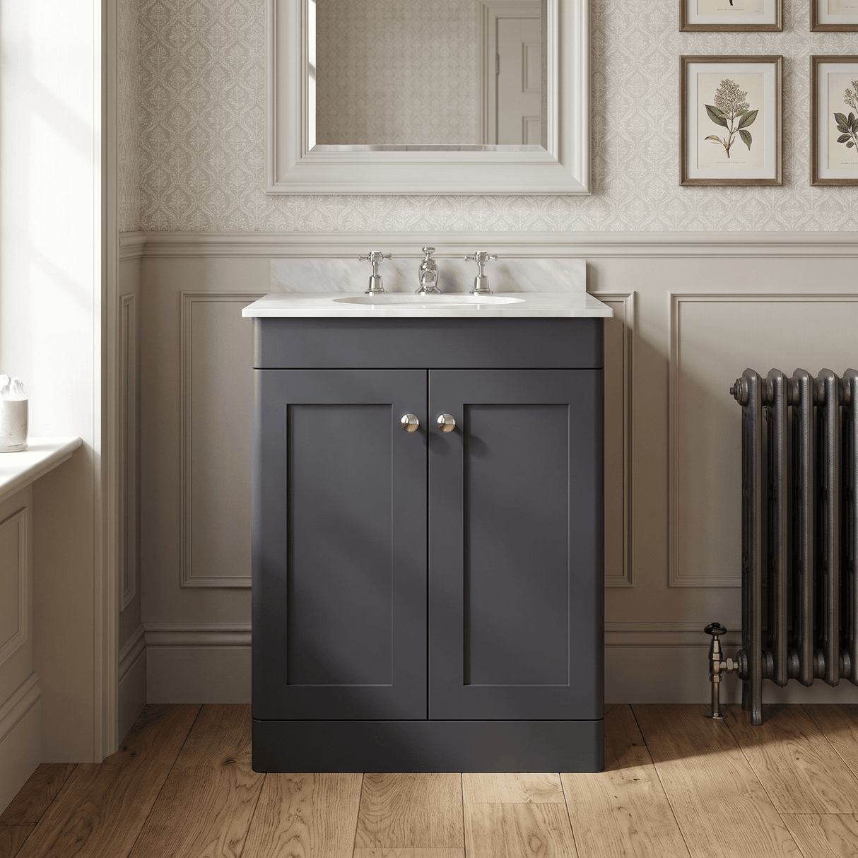 [BFCL1425GR3] Swynnerton Traditional 2 Door Floor Standing Vanity Basin Unit with 3 Tap Hole Grey Marble Top Basin, Choice of Size and Colour