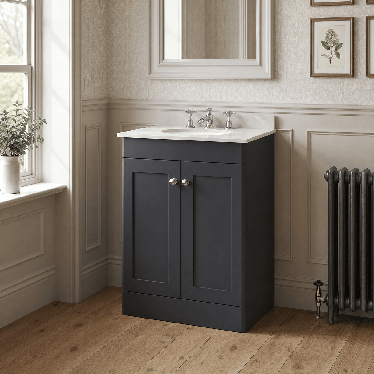 [BFCL1425GR3] Swynnerton Traditional 2 Door Floor Standing Vanity Basin Unit with 3 Tap Hole Grey Marble Top Basin, Choice of Size and Colour