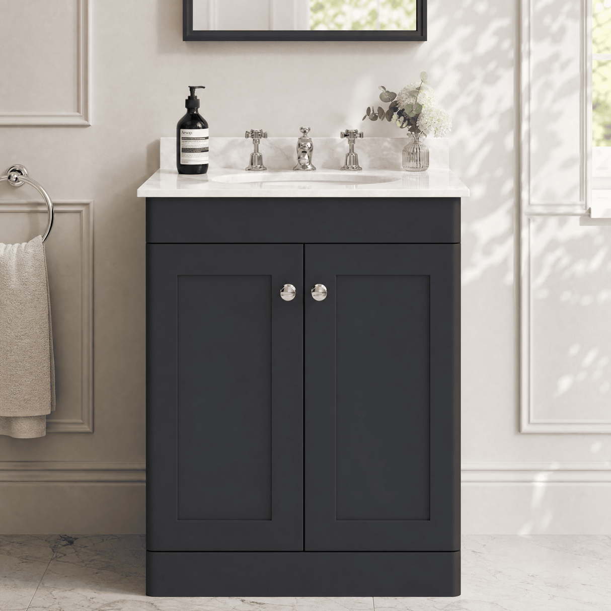 [BFCL1425GR3] Swynnerton Traditional 2 Door Floor Standing Vanity Basin Unit with 3 Tap Hole Grey Marble Top Basin, Choice of Size and Colour - Silo