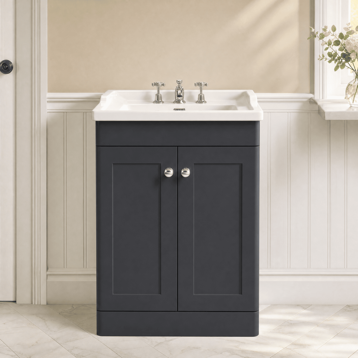 [BFCL1425G] Swynnerton Traditional 2 Door Floor Standing Vanity Basin Unit with 3 Tap Hole Traditional Ceramic Basin, Choice of Size and Colour