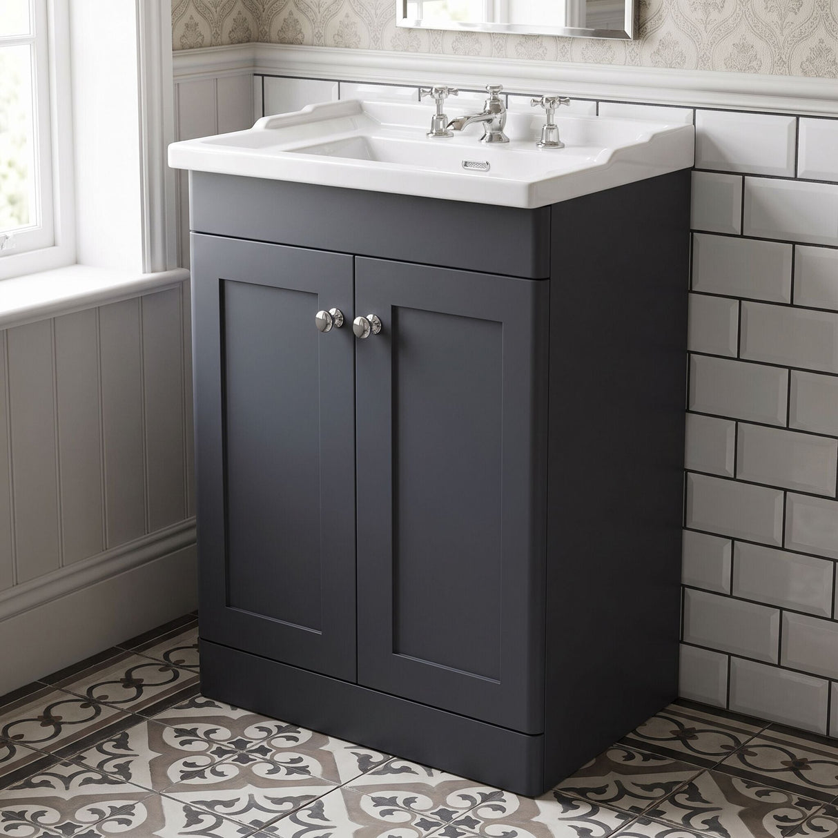 [BFCL1425G] Swynnerton Traditional 2 Door Floor Standing Vanity Basin Unit with 3 Tap Hole Traditional Ceramic Basin, Choice of Size and Colour