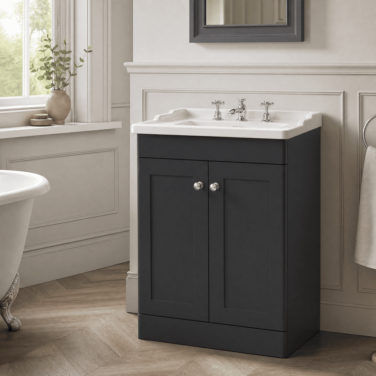 [BFCL1425G] Swynnerton Traditional 2 Door Floor Standing Vanity Basin Unit with 3 Tap Hole Traditional Ceramic Basin, Choice of Size and Colour
