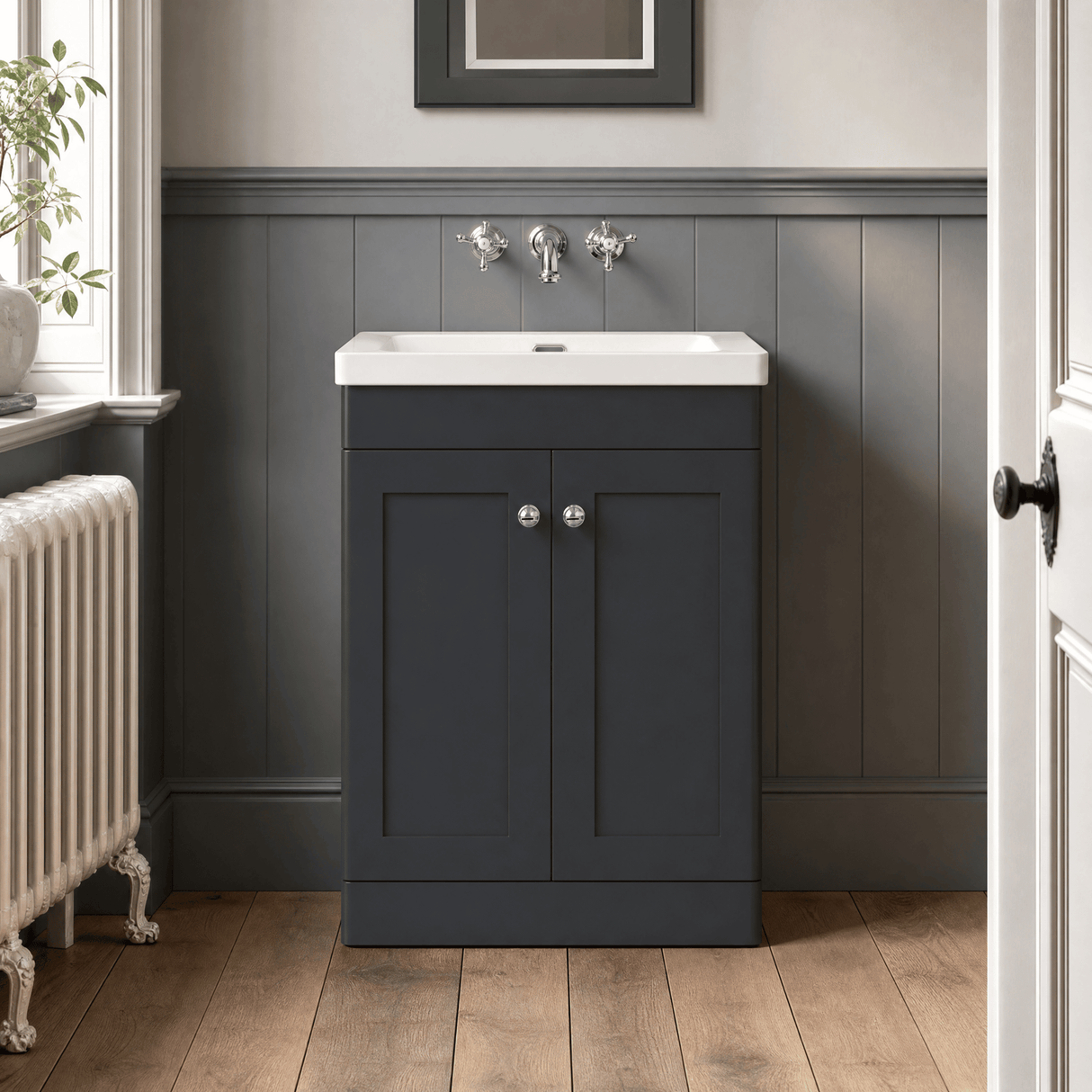 [BFCL1425K] Swynnerton Traditional 2 Door Floor Standing Vanity Basin Unit with 0 Tap Hole Modern Fireclay Basin, Choice of Size and Colour