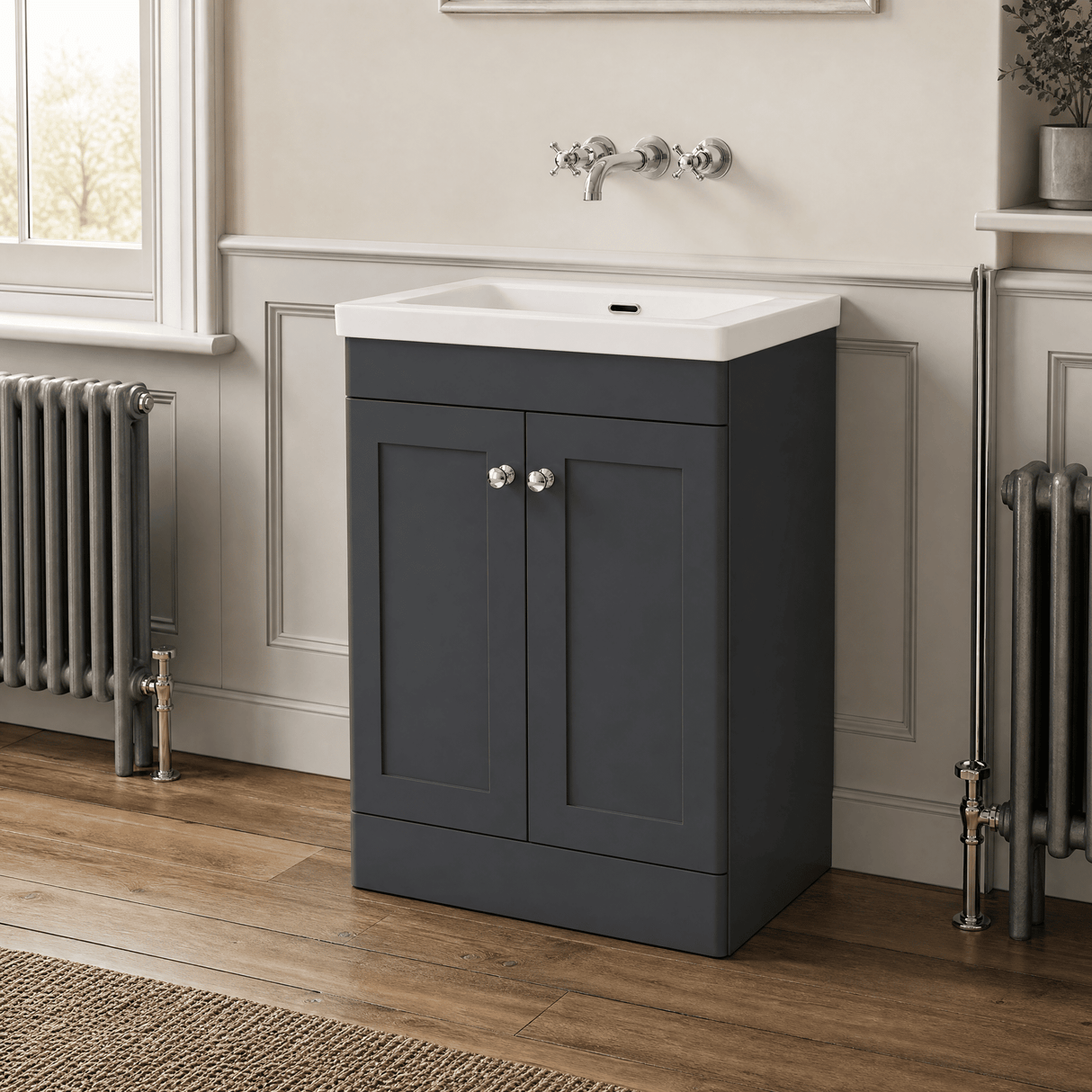 [BFCL1425K] Swynnerton Traditional 2 Door Floor Standing Vanity Basin Unit with 0 Tap Hole Modern Fireclay Basin, Choice of Size and Colour